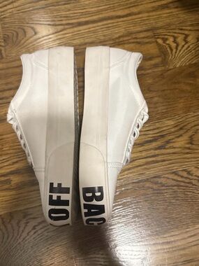 White Platform Sneakers with 'BACK OFF' Toe Text